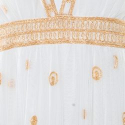 Pre Owned Diane Von Furstenberg Ivory and Gold Embroidered Tulle Plunge Neck Vivanette Goddess Gown M