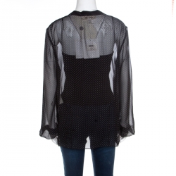 Pre Owned Diane Von Furstenberg Black Navier Dot Sheer Silk Long Sleeve Blouse XL