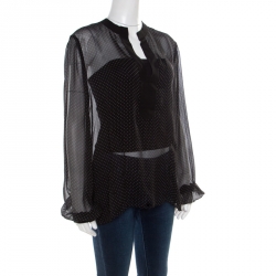Pre Owned Diane Von Furstenberg Black Navier Dot Sheer Silk Long Sleeve Blouse XL