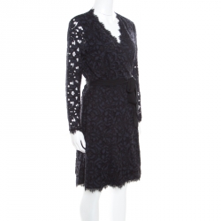 Pre Owned Diane von Furstenberg Navy Blue and Black Guipure Lace Scalloped Trim Shaelyn Wrap Dress L