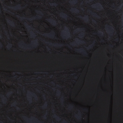 Pre Owned Diane von Furstenberg Navy Blue and Black Guipure Lace Scalloped Trim Shaelyn Wrap Dress L