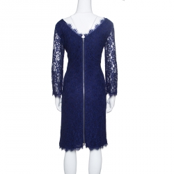 Pre Owned Diane Von Furstenberg Navy Blue Lace Zarita Long Sleeve Dress M