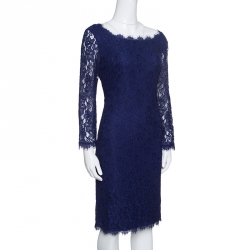 Pre Owned Diane Von Furstenberg Navy Blue Lace Zarita Long Sleeve Dress M