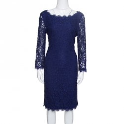 Pre Owned Diane Von Furstenberg Navy Blue Lace Zarita Long Sleeve Dress M