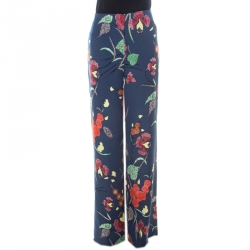Pre Owned Diane von Furstenberg Indigo Blue Floral Print Silk Wide Leg Trousers S