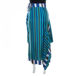 Pre Owned Diane Von Furstenberg Blue Striped Silk Asymmetric Saxon Skirt S