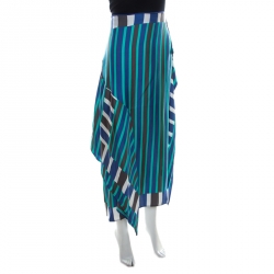 Pre Owned Diane Von Furstenberg Blue Striped Silk Asymmetric Saxon Skirt S