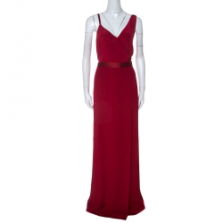 Pre Owned Diane Von Furstenberg Red Silk Asymmetrical Side Slit Gown XL