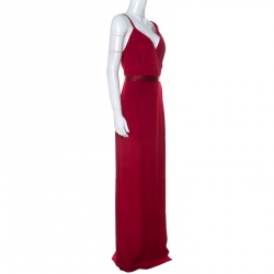Pre Owned Diane Von Furstenberg Red Silk Asymmetrical Side Slit Gown XL