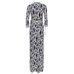 Pre Owned Diane von Furstenberg Monochrome Printed Silk Banded Julian Long Wrap Dress S