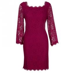 Pre Owned Diane Von Furstenberg Burgundy Zarita Lace Dress L