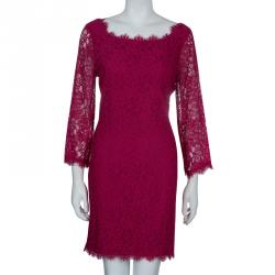 Pre Owned Diane Von Furstenberg Burgundy Zarita Lace Dress L