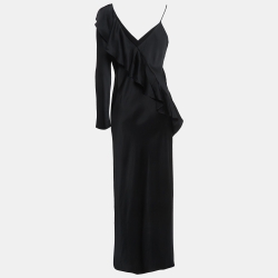 Black Satin Asymmetric Sleeve Ruffled Maxi Dress