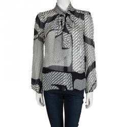 Pre Owned Diane Von Furstenberg Monochrome Printed Sheer Silk Jezebel Blouse M