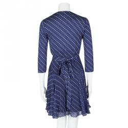 Pre Owned Diane Von Furstenberg Blue Printed Silk Irina Wrap Dress S