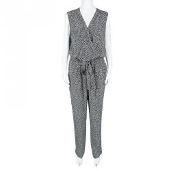 Pre Owned Diane Von Furstenberg Monochrome Printed Silk Belted Rawena Jumpsuit XL