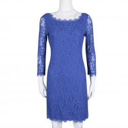 Pre Owned Diane Von Furstenberg Blue Lace Zarita Long Sleeve Dress M