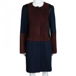 Pre Owned Diane Von Furstenberg Colorblock Wool Leather Panel Tanaquil Long Coat L