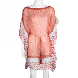 Pre Owned Diane Von Furstenberg Orange and White Tassel Detail Silk Kainda Kaftan XS