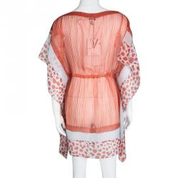 Pre Owned Diane Von Furstenberg Orange and White Tassel Detail Silk Kainda Kaftan XS