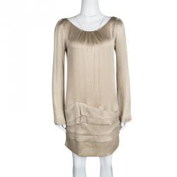 Pre Owned Diane Von Furstenberg Beige Crinkled Silk Tiered Long Sleeve Tiari Dress S