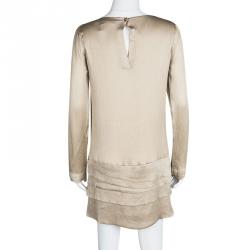 Pre Owned Diane Von Furstenberg Beige Crinkled Silk Tiered Long Sleeve Tiari Dress S