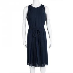 Pre Owned Diane Von Furstenberg Navy Blue Plisse Belted Sleeveless Ria Dress L