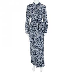 Pre Owned Diane Von Furstenberg Navy Blue Floral Printed Silk Amina Belted Maxi Shirt Dress S