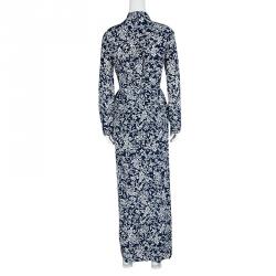 Pre Owned Diane Von Furstenberg Navy Blue Floral Printed Silk Amina Belted Maxi Shirt Dress S