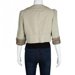 Pre Owned Diane Von Furstenberg Beige Embellished Cuff Front Open Cropped Remo Jacket L