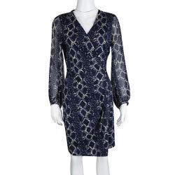 Pre Owned Diane Von Furstenberg Navy Blue Grid Print Sigourney Wrap Dress M