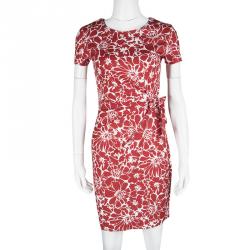 Pre Owned Diane Von Furstenberg Red and White Floral Print Faux Wrap Zoe Dress XS