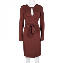 Pre Owned Diane Von Furstenberg Brick Red Silk Pintuck Detail Long Sleeve Belted Kimian Dress L