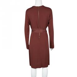 Pre Owned Diane Von Furstenberg Brick Red Silk Pintuck Detail Long Sleeve Belted Kimian Dress L