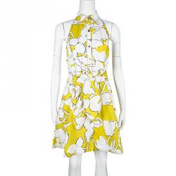 Pre Owned Diane Von Furstenberg Yellow and White Eden Garden Tenner Floral Print Halter Dress S