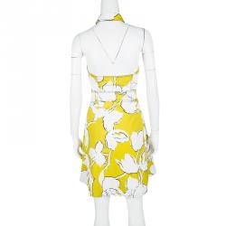 Pre Owned Diane Von Furstenberg Yellow and White Eden Garden Tenner Floral Print Halter Dress S