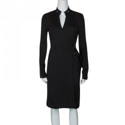 Pre Owned Diane Von Furstenberg Black Wool Belted Biker Wrap Dress L