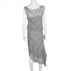 Pre Owned Diane Von Furstenberg Monochrome Glen Plaid Print Silk Chiffon Asymmetric Maxi Dress S