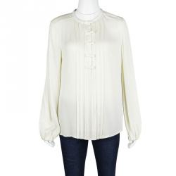 Pre Owned Diane Von Furstenberg  Cream Silk Pintuck Detail Long Sleeve Novalee Blouse M