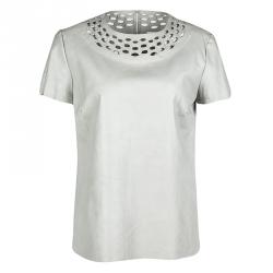 Pre Owned Diane Von Furstenberg Grey Cutout Leather Short Sleeve Yvanna Top M