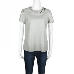 Pre Owned Diane Von Furstenberg Grey Cutout Leather Short Sleeve Yvanna Top M