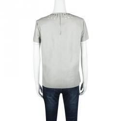 Pre Owned Diane Von Furstenberg Grey Cutout Leather Short Sleeve Yvanna Top M