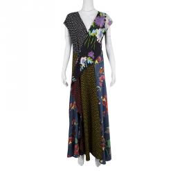 Pre Owned Diane Von Furstenberg Floral and Polka Dot Print Draped Silk Maxi Dress L