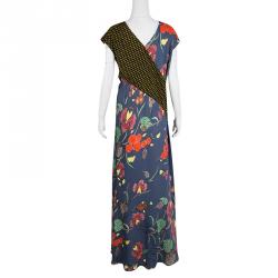 Pre Owned Diane Von Furstenberg Floral and Polka Dot Print Draped Silk Maxi Dress L
