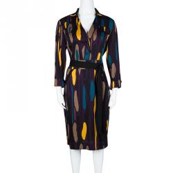 Pre Owned Diane Von Furstenberg Purple Printed Silk Belted Leja Shirt Dress L