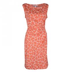 Pre Owned Diane Von Furstenberg Orange and White Printed New Della Dress M