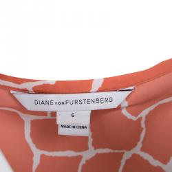 Pre Owned Diane Von Furstenberg Orange and White Printed New Della Dress M