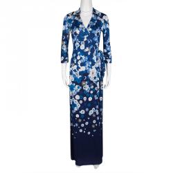 Pre Owned Diane Von Furstenberg Blue Floating Flower Print Silk Jersey Abigail Wrap Maxi Dress S