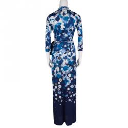 Pre Owned Diane Von Furstenberg Blue Floating Flower Print Silk Jersey Abigail Wrap Maxi Dress S