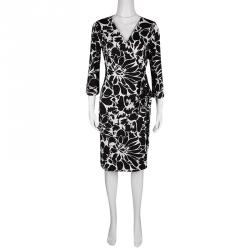 Pre Owned Diane Von Furstenberg Monochrome Cotton Silk Floral Print New Julian Two Wrap Dress M